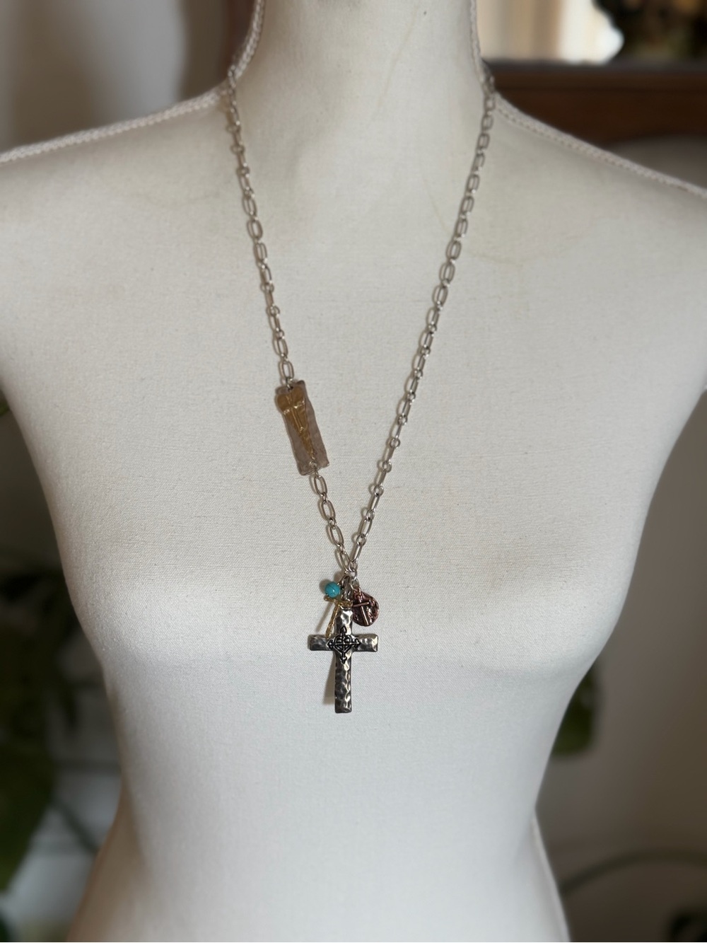 Vintage Silver Gold & Copper Tone Cross Charms Necklace
